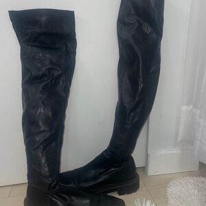 Zara Black Over the Knee Boots – Lug Sole, Faux Leather